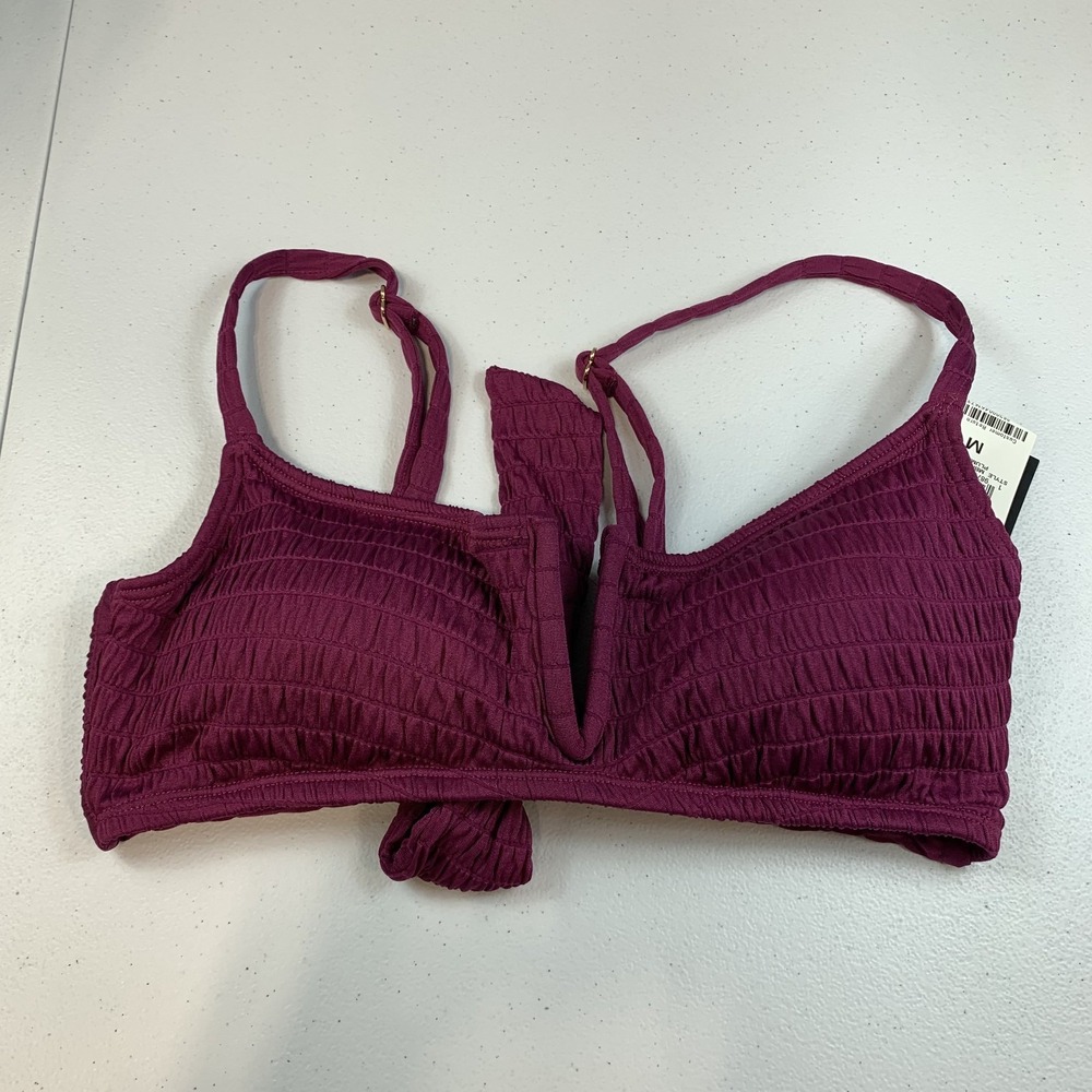 Bar III Women's Swim Bikini Top M Plum berry Textured V Wire Tie‎ Back Swimsuit